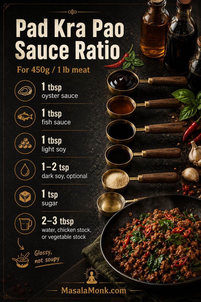 Saveable Pad Kra Pao sauce ratio card with measured oyster sauce, fish sauce, light soy, dark soy, sugar, and water or stock.