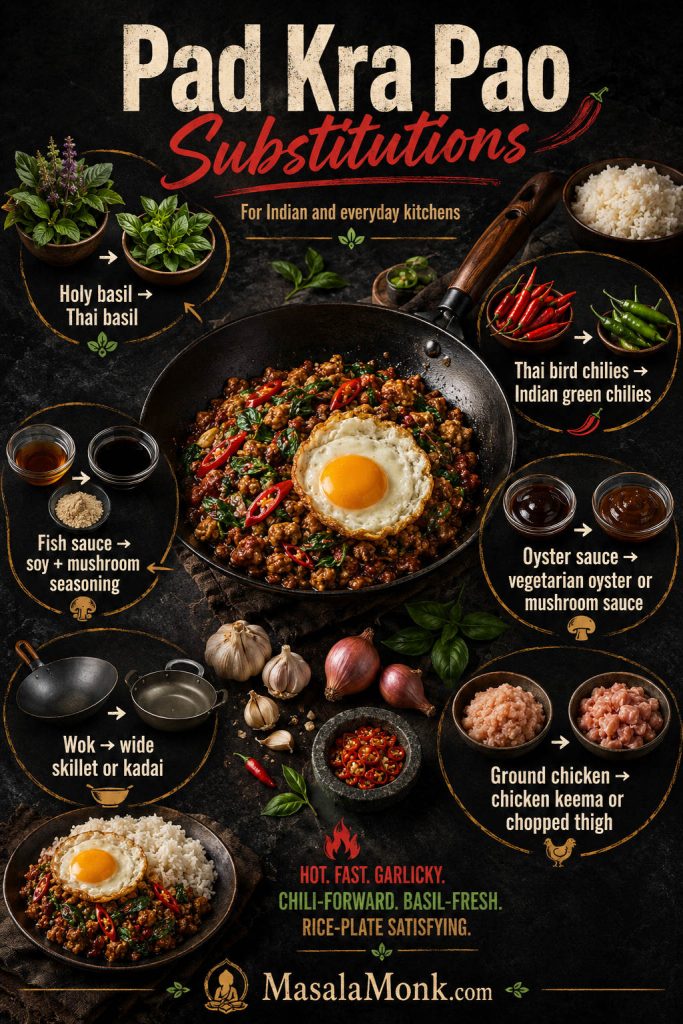 Pad Kra Pao substitutions board for Indian kitchens with basil, green chilies, sauces, chicken keema, garlic, and a skillet or kadai cue.