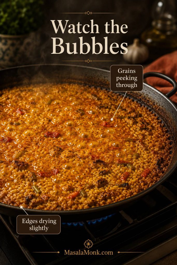 Close-up of paella rice simmering with gentle bubbles, grains peeking through, and slightly dry edges.
