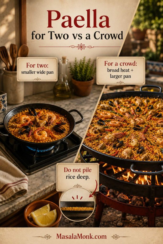 Paella scaling guide showing a smaller wide pan for two and a larger pan over broad heat for a crowd, with a note not to pile rice deep.