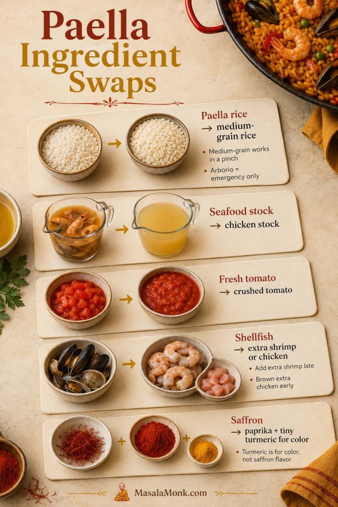Paella ingredient swaps board showing alternatives for paella rice, seafood stock, fresh tomatoes, shellfish, and saffron.