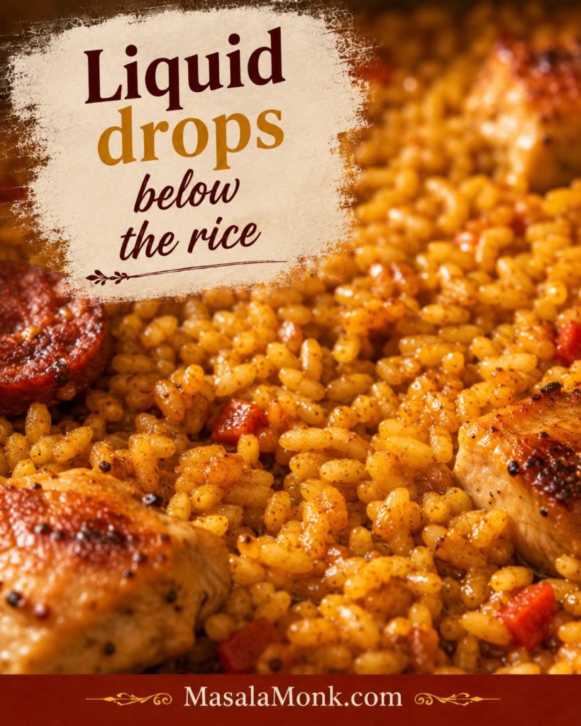 Close-up of nearly cooked paella rice with small gaps between swollen golden grains and liquid below the surface.