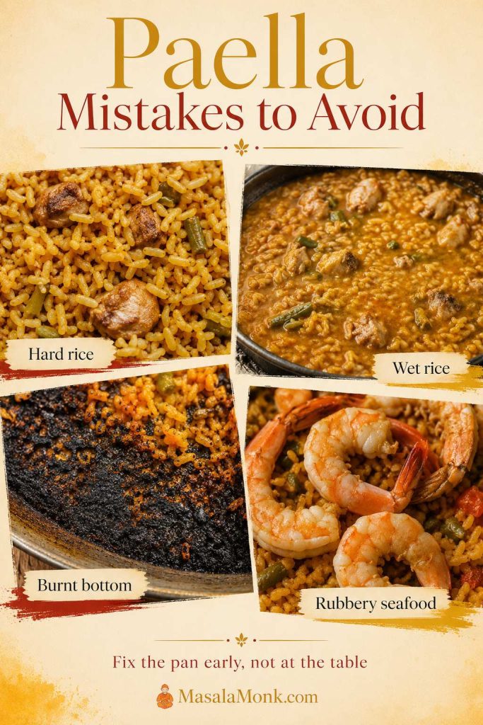 Paella mistakes guide showing hard rice, wet rice, burnt bottom, and rubbery seafood as common problems to avoid.