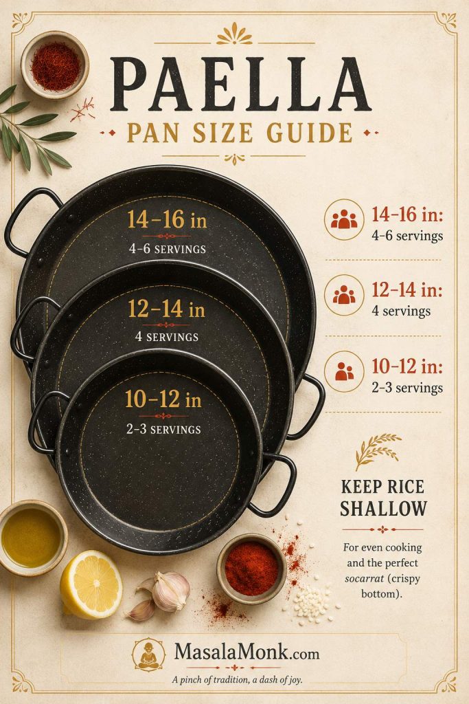 Paella pan size guide showing ten to twelve inch, twelve to fourteen inch, and fourteen to sixteen inch pans with serving ranges.
