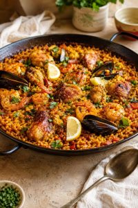 Finished home-stovetop mixed paella in a wide pan with saffron rice, chicken, shrimp, shellfish, lemon wedges, and parsley.
