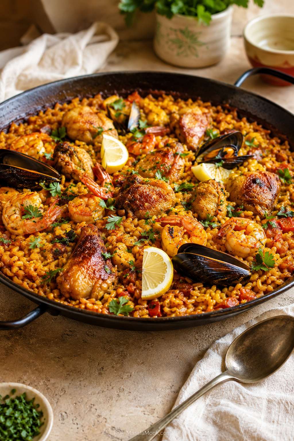 Finished home-stovetop mixed paella in a wide pan with saffron rice, chicken, shrimp, shellfish, lemon wedges, and parsley.