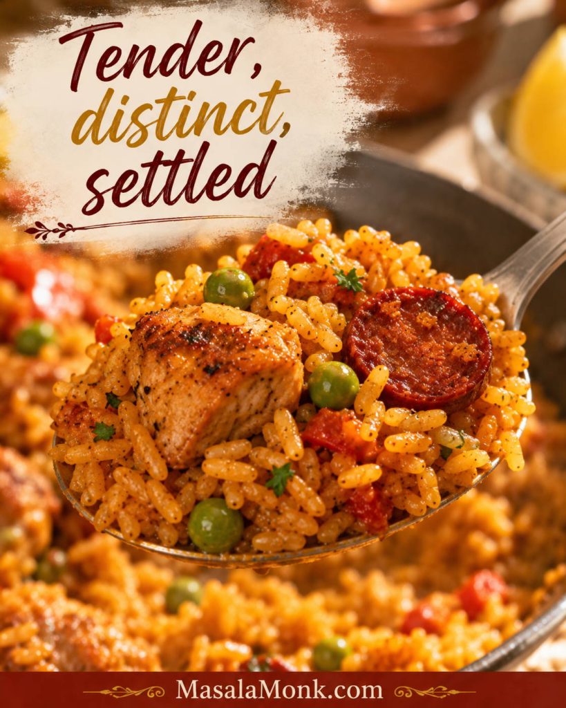 Close-up spoonful of rested chicken and chorizo paella rice with golden distinct grains, peas, chorizo oil and a small piece of chicken.