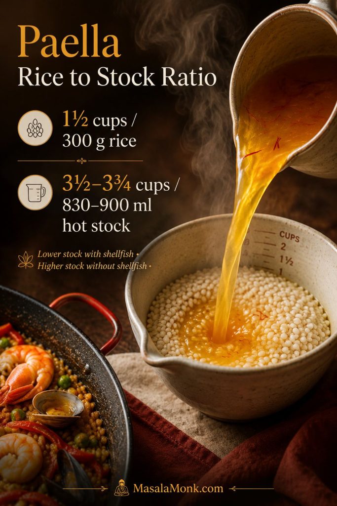 Paella rice-to-stock ratio guide showing one and a half cups rice with three and a half to three and three-quarter cups hot stock.