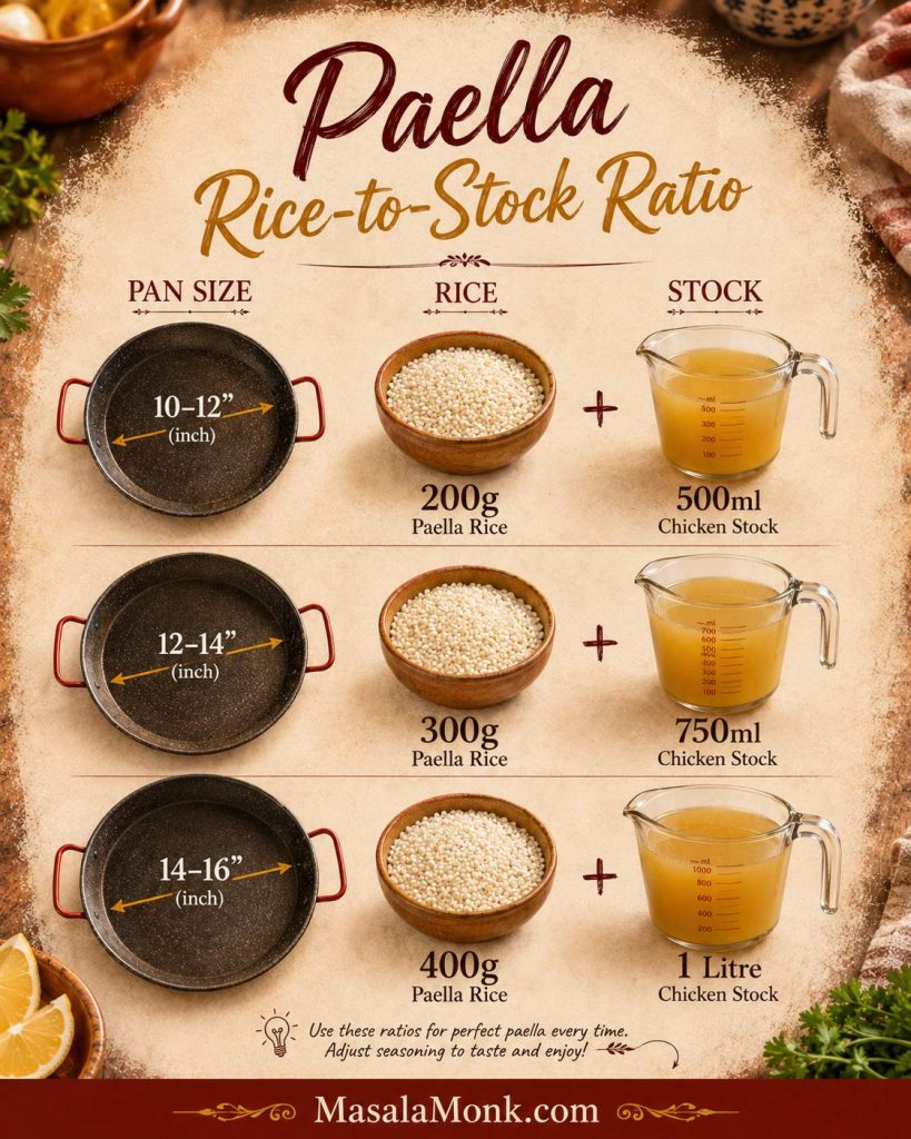 Paella rice-to-stock ratio guide with 200g rice and 500ml stock, 300g rice and 750ml stock, and 400g rice and 1 litre stock.