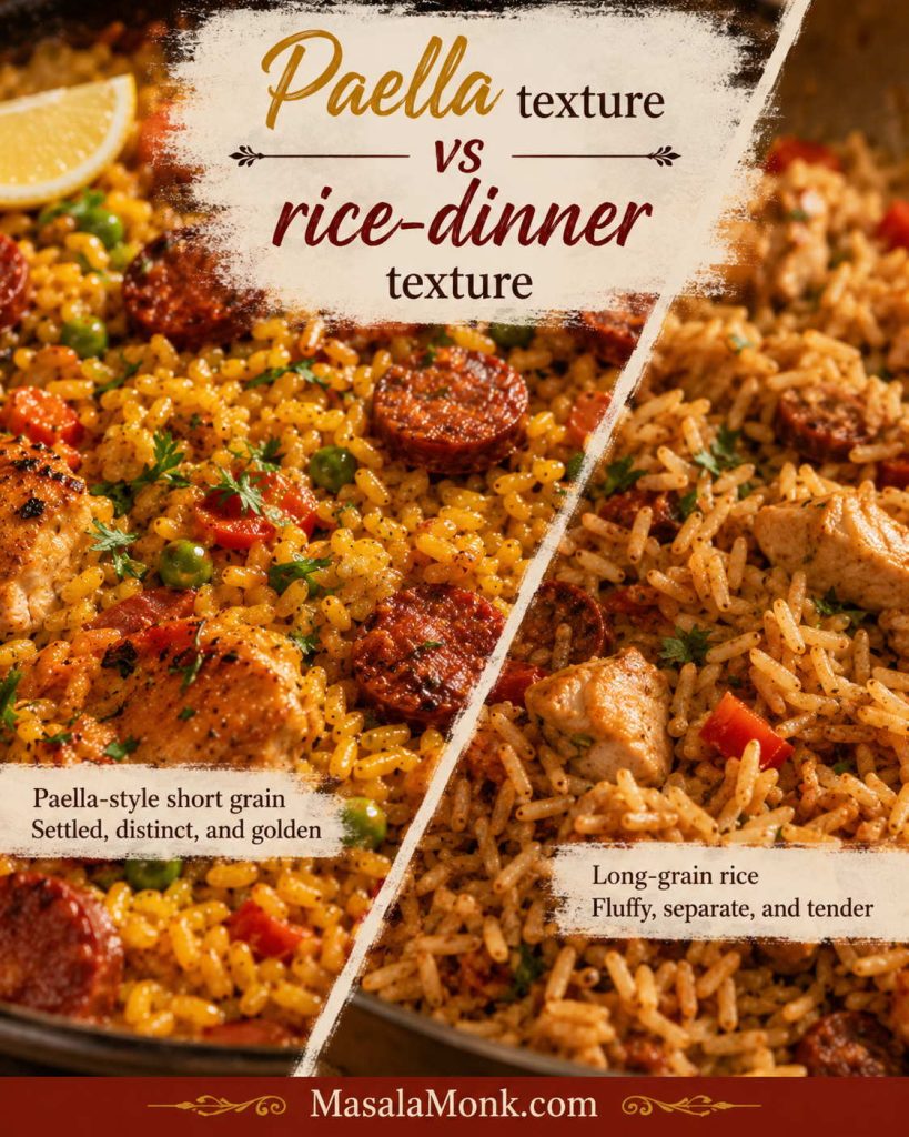 Cooked rice texture comparison with short-grain paella rice beside softer long-grain chicken chorizo rice.