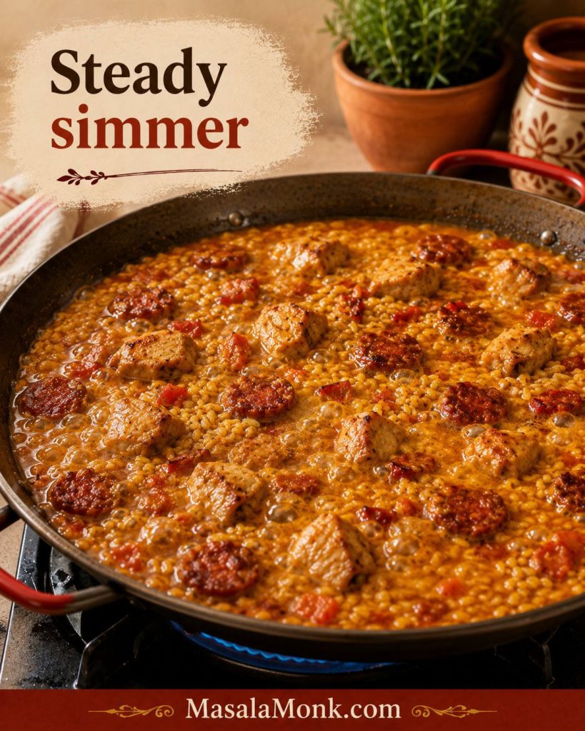 Chicken and chorizo paella at an early active simmer with saffron stock bubbling around rice, chicken chunks and chorizo slices.
