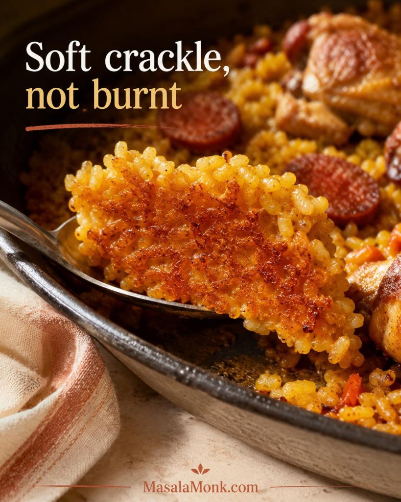 Spoon lifting golden paella rice from the edge of the pan to show a lightly toasted brown underside that is crisp but not burnt.
