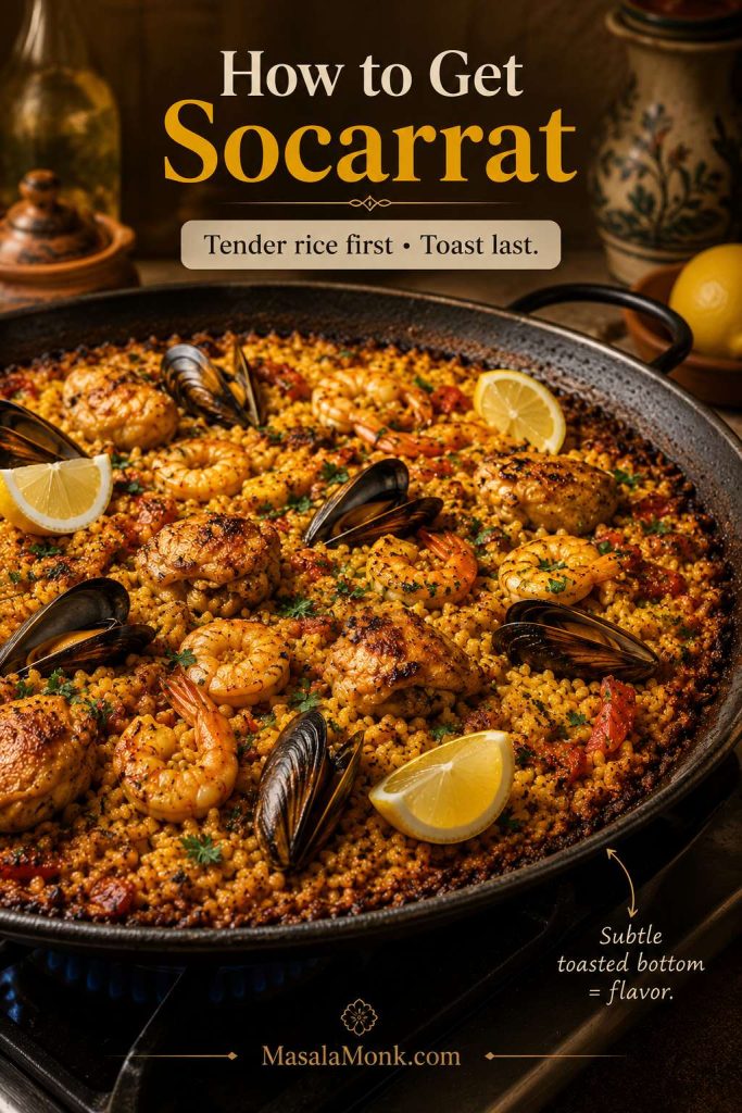 Spoon scraping toasted socarrat from the bottom of a paella pan with golden rice and amber crisp grains.
