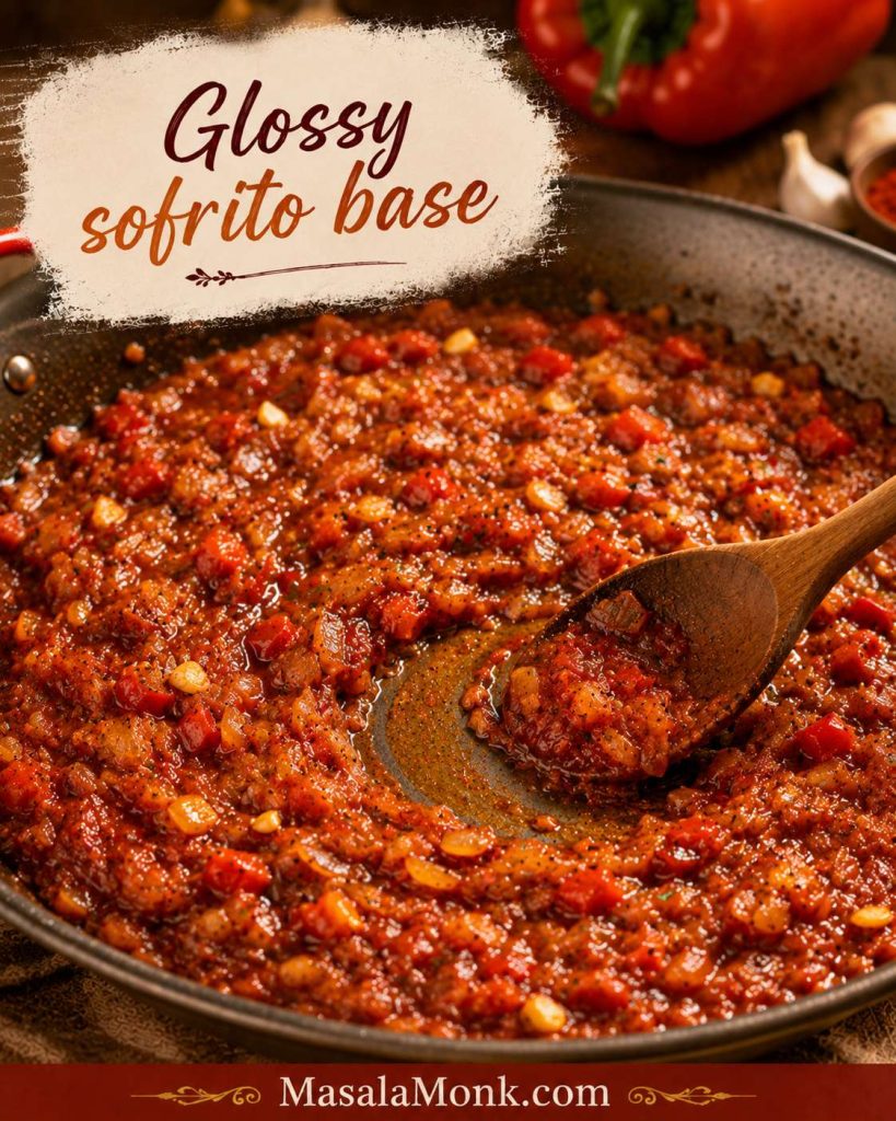 Glossy sofrito base in a pan made with onion, red bell pepper, garlic, smoked paprika and tomato paste.