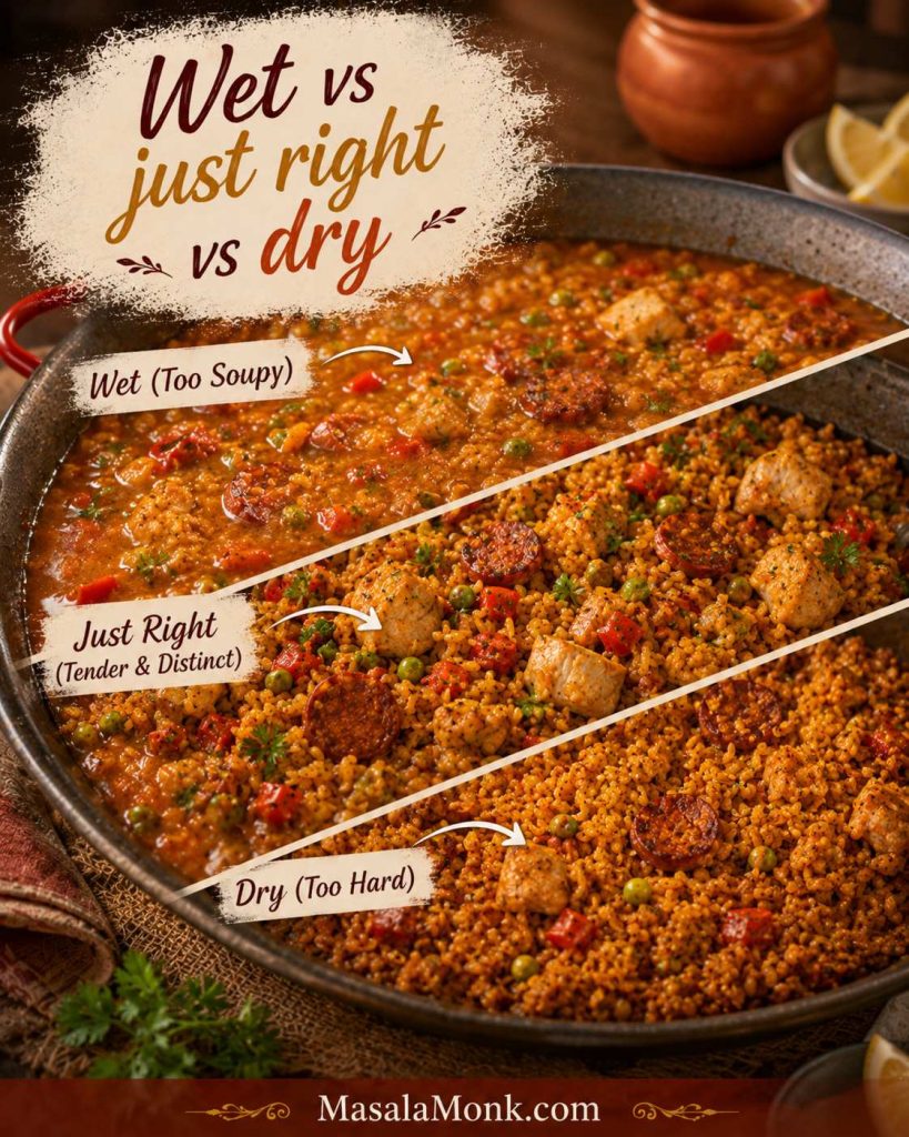 Paella rice texture comparison showing wet soupy rice, just-right tender distinct rice and dry hard rice in a pan.