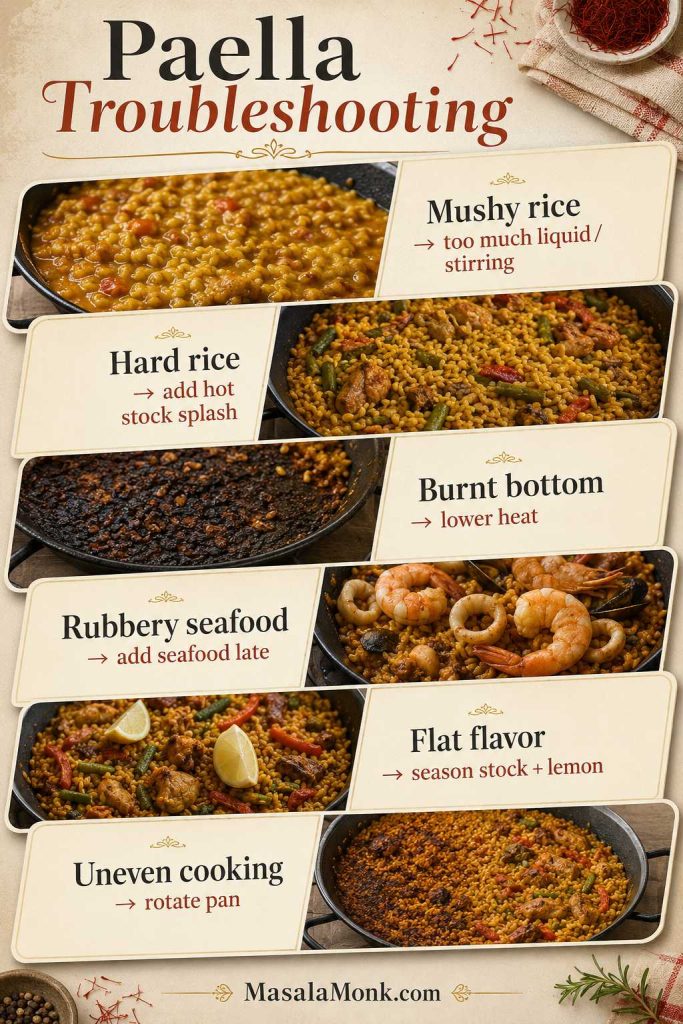 Paella troubleshooting guide showing mushy rice, hard rice, burnt bottom, rubbery seafood, flat flavor, and uneven cooking fixes.