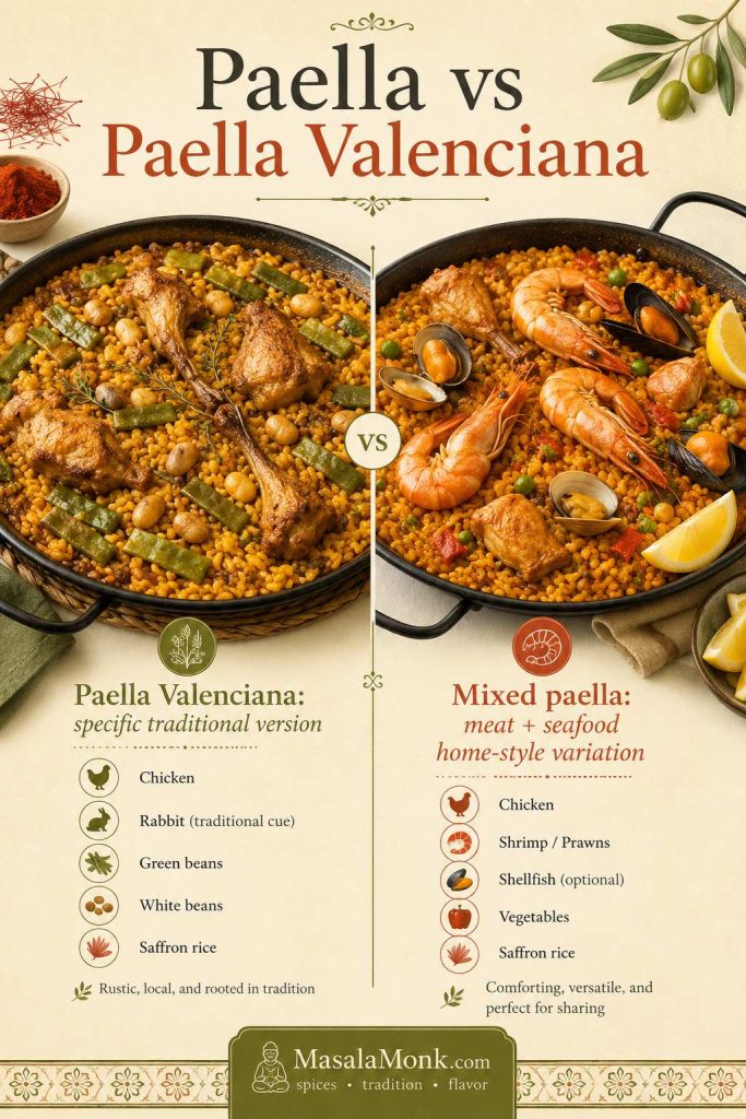 Comparison of Paella Valenciana ingredients and home-style mixed paella with chicken, seafood, saffron rice, and lemon.