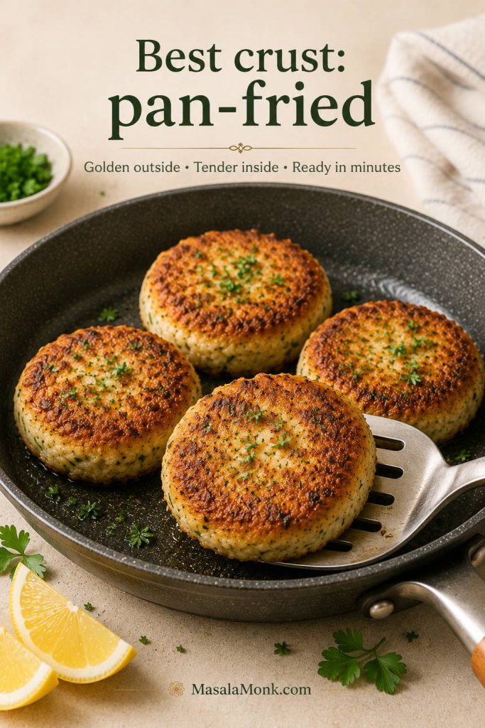 Pan-fried fish cakes in a skillet with a golden breadcrumb crust, herbs, lemon, and a spatula