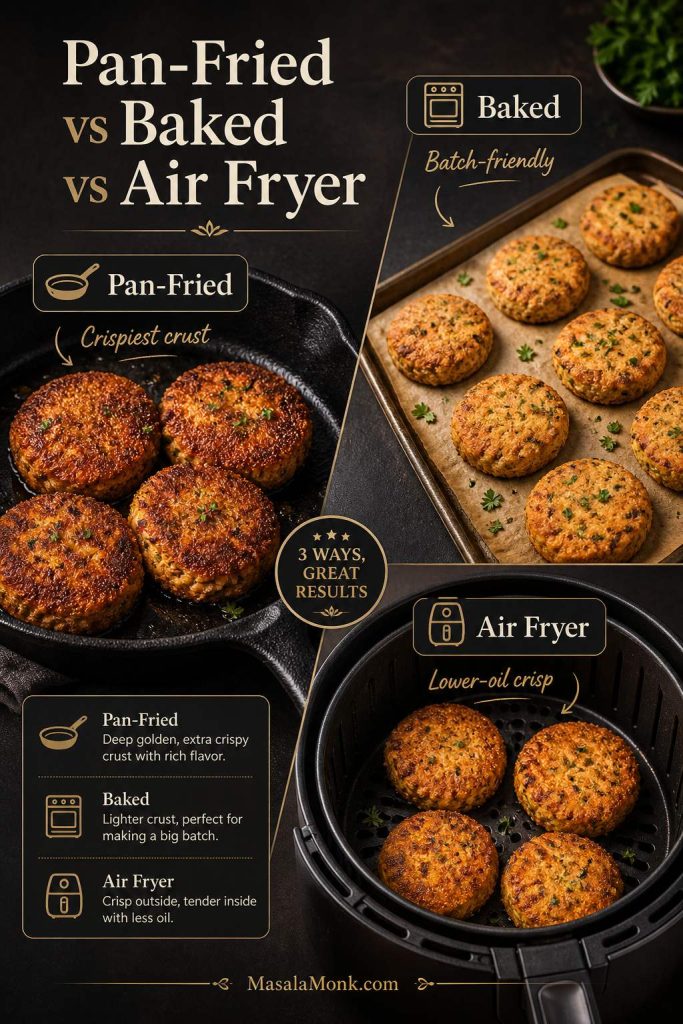 Comparison board showing pan-fried, baked, and air fryer salmon croquettes with different cooking equipment