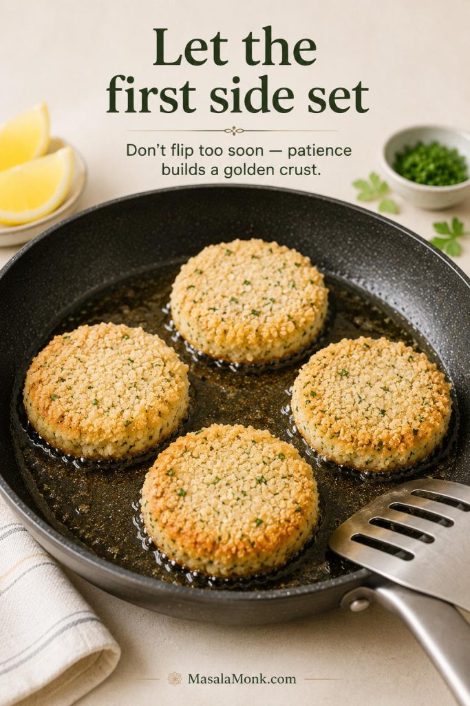 Fish cakes frying in a skillet with the first side setting before flipping