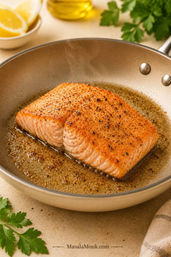 Salmon fillet searing in a skillet with a lightly browned surface for creamy salmon pasta