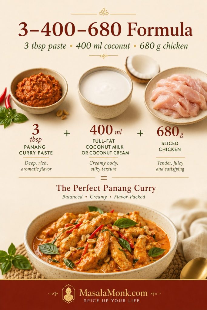 Panang curry formula guide showing 3 tablespoons curry paste, 400 milliliters coconut milk, and 680 grams chicken.