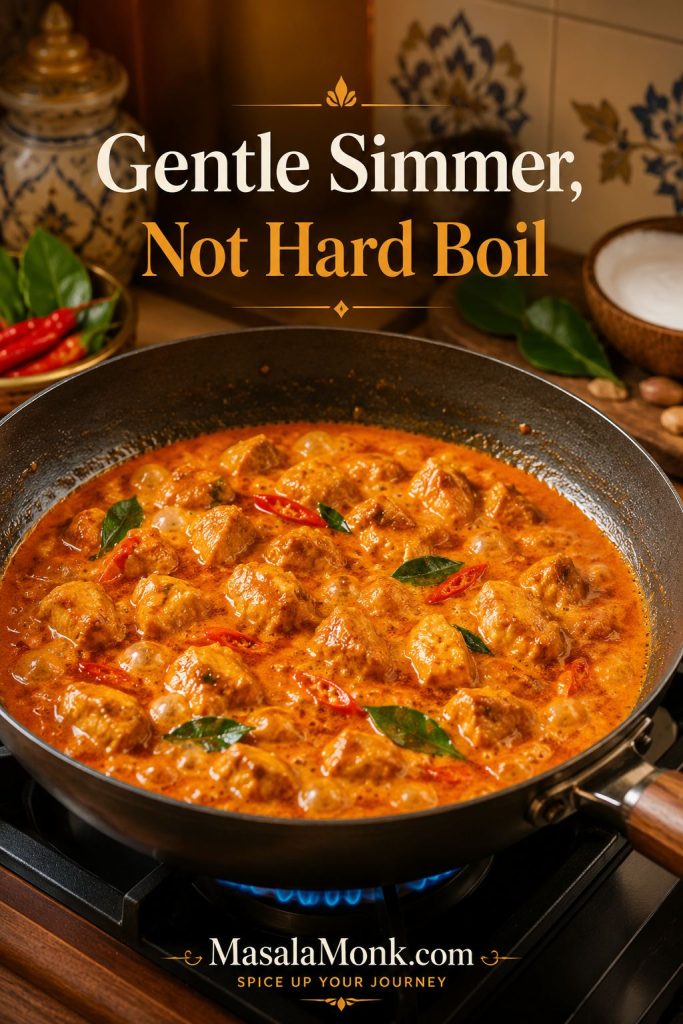 Chicken Panang curry gently simmering in a wide pan with small bubbles, orange-red sauce, chicken pieces, and herbs.