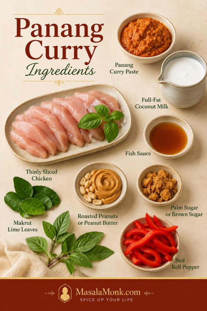 Panang curry ingredients including curry paste, coconut milk, chicken, fish sauce, sugar, makrut lime leaves, peanuts, Thai basil, and red bell pepper.