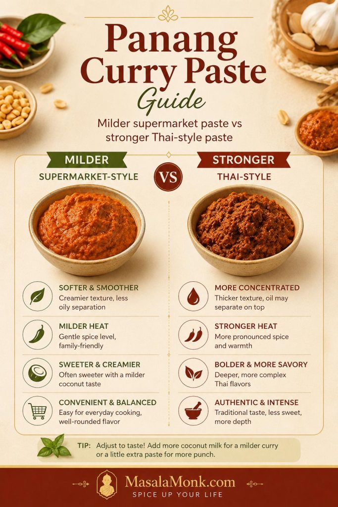 Guide comparing milder supermarket-style Panang curry paste with stronger Thai-style paste for homemade Panang curry.
