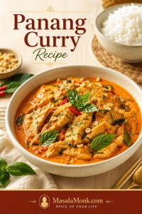 Bowl of chicken Panang curry with orange-red coconut sauce, sliced chicken, Thai basil, crushed peanuts, makrut lime leaves, and jasmine rice.
