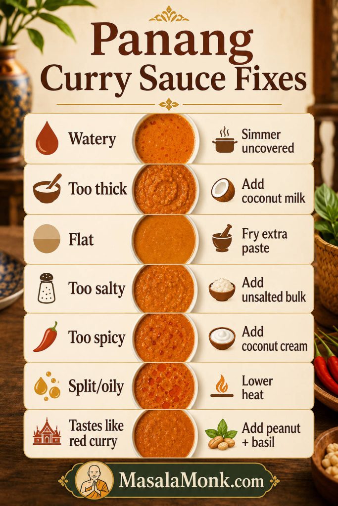 Panang curry sauce troubleshooting board with fixes for watery, thick, flat, salty, spicy, split, oily, or red-curry-like sauce.