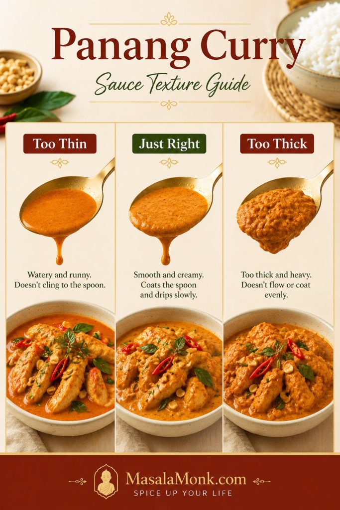 Three-panel guide comparing Panang curry sauce that is too thin, just right, and too thick.