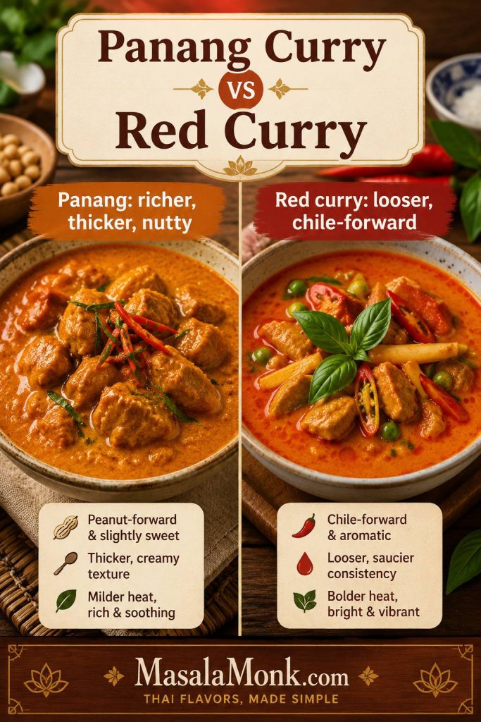 Split-panel comparison of thicker Panang curry and looser Thai red curry with labels explaining texture and flavor differences.