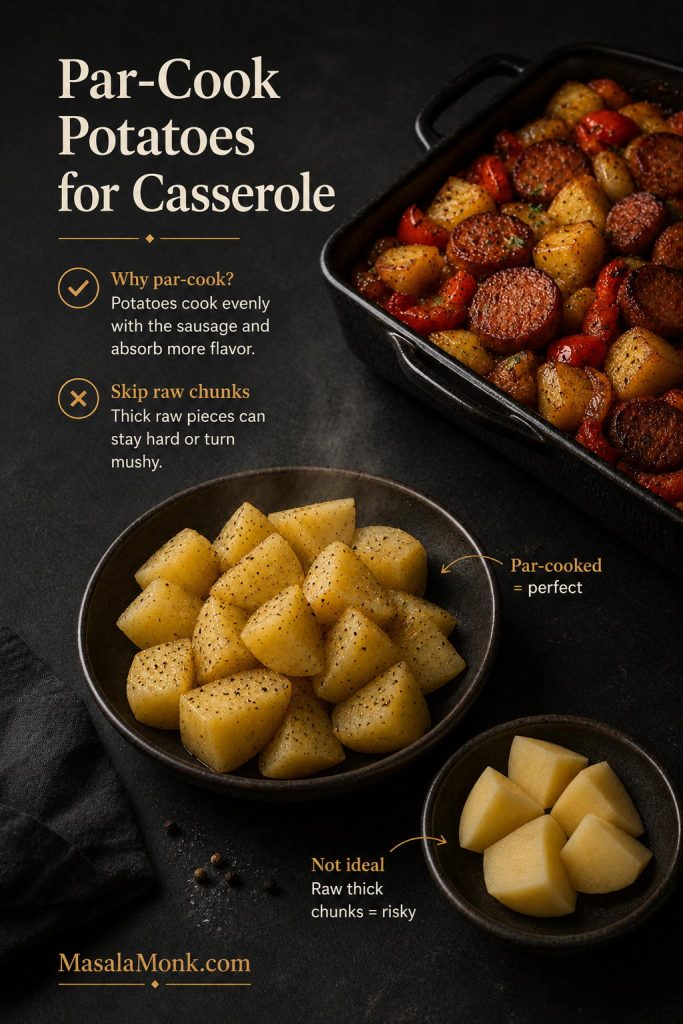 Par-cooked potato chunks beside a casserole dish with a warning about thick raw chunks.