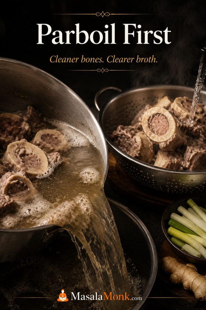 Beef bones being parboiled and rinsed before starting a fresh pot of pho broth.