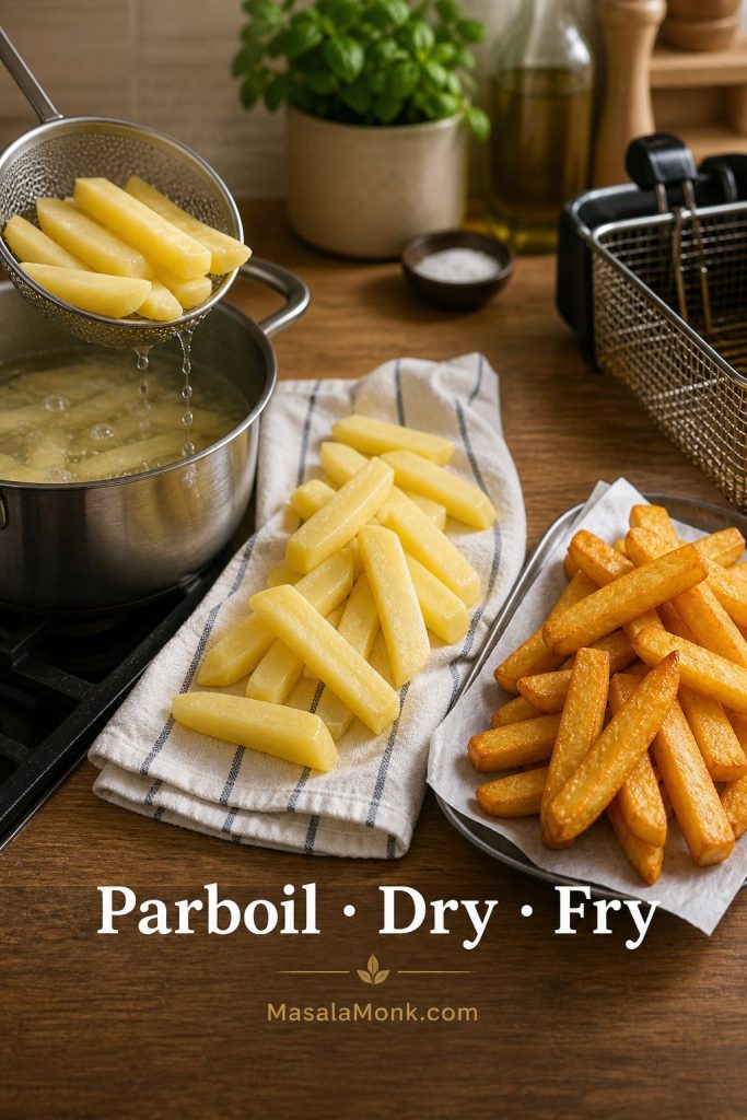 Thick-cut chips being parboiled, dried, and fried for fish and chips.