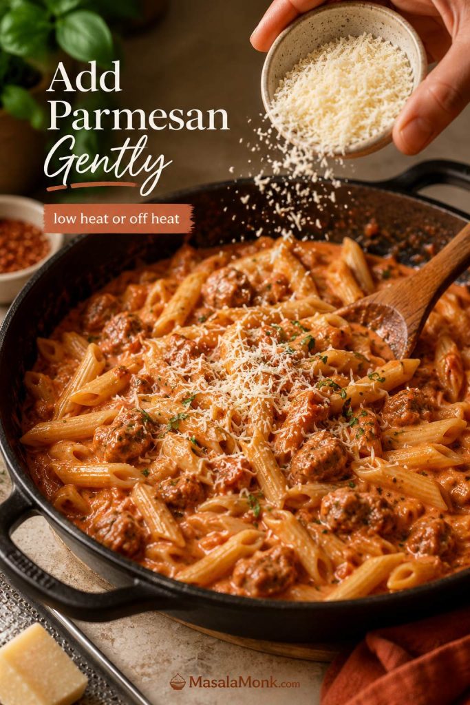 Freshly grated parmesan being added gently to glossy creamy tomato sausage pasta in a skillet.