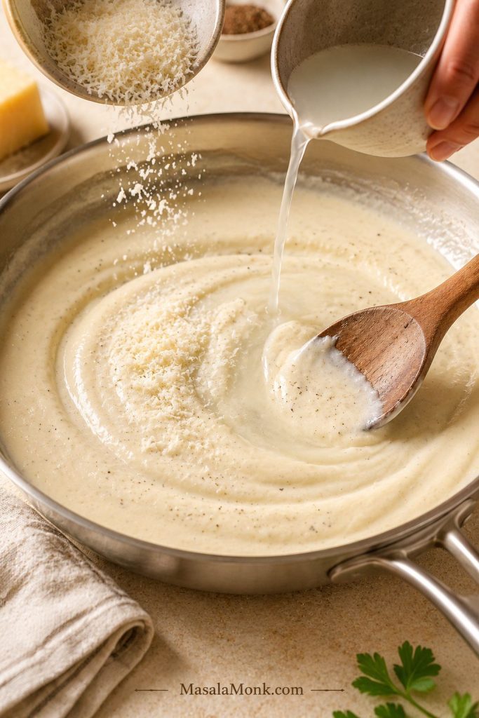 Parmesan and pasta water being stirred into cream sauce in a skillet