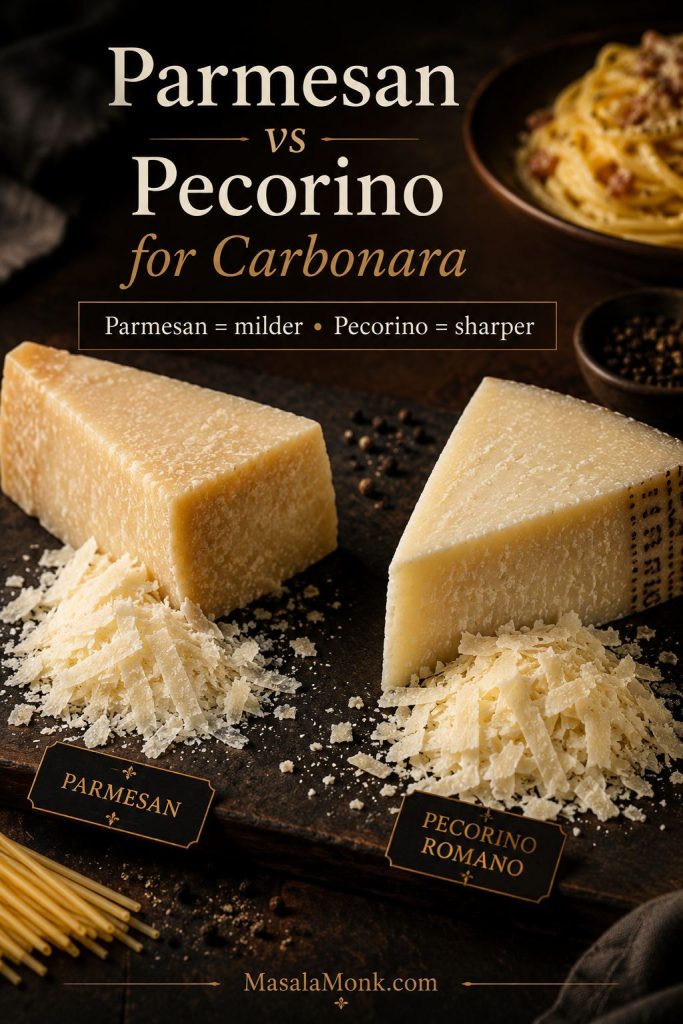 Parmesan and Pecorino Romano comparison with grated cheese and carbonara ingredients nearby.
