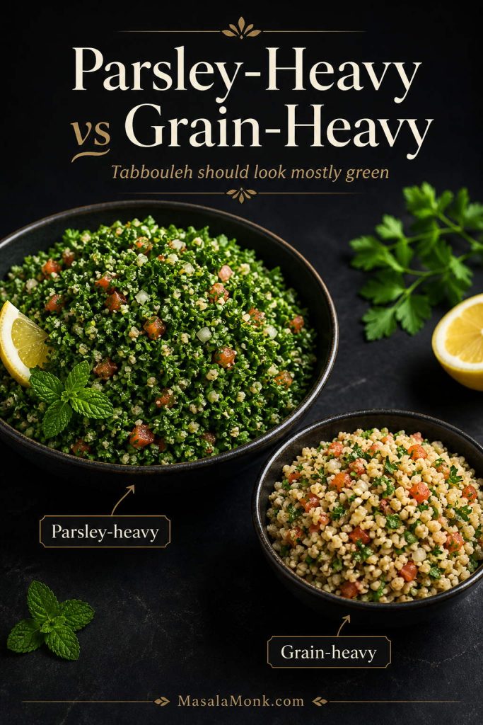 A comparison graphic with a green parsley-heavy tabbouleh bowl beside a beige grain-heavy bulgur salad bowl.