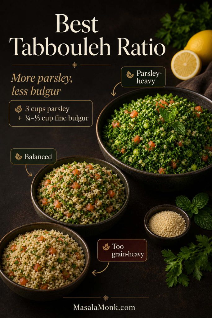 A ratio comparison graphic with three tabbouleh bowls showing parsley-heavy, balanced, and grain-heavy versions.