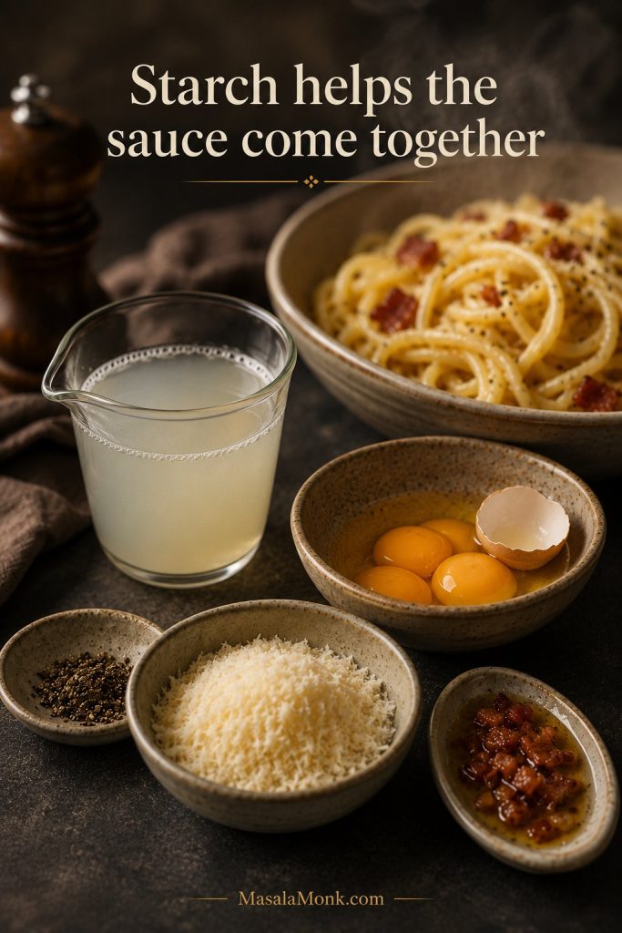 Cloudy pasta water beside eggs, grated cheese, black pepper, and bacon fat for carbonara sauce.