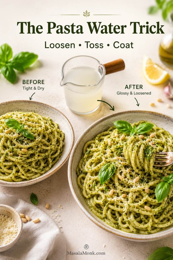 Before and after comparison of dry pesto pasta becoming glossy after starchy cooking water is added