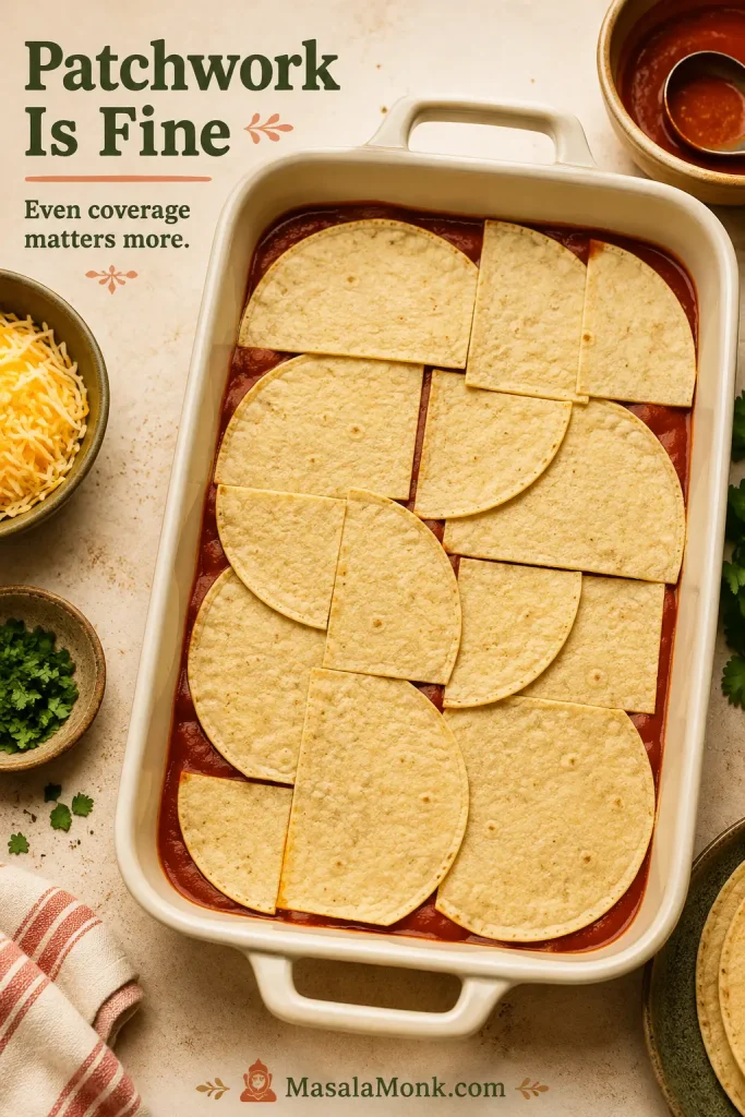 Halved corn tortillas arranged in a patchwork layer over red sauce in a 9x13 baking dish.