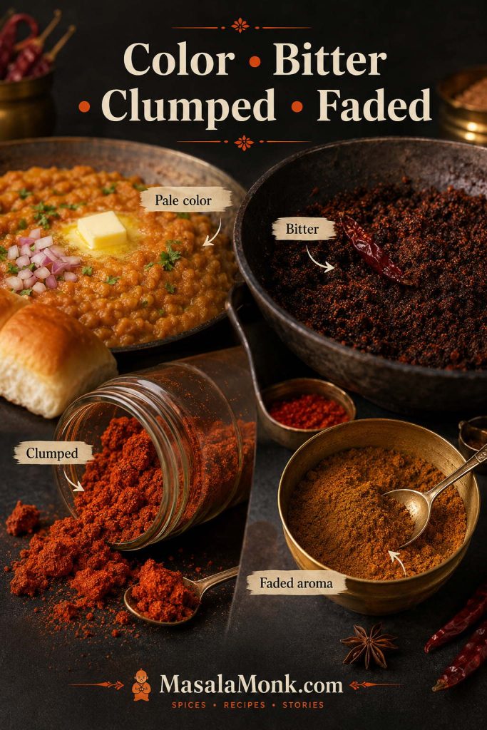 Troubleshooting board showing pale pav bhaji, bitter over-roasted masala, clumped spice powder in a jar, and faded old masala powder.