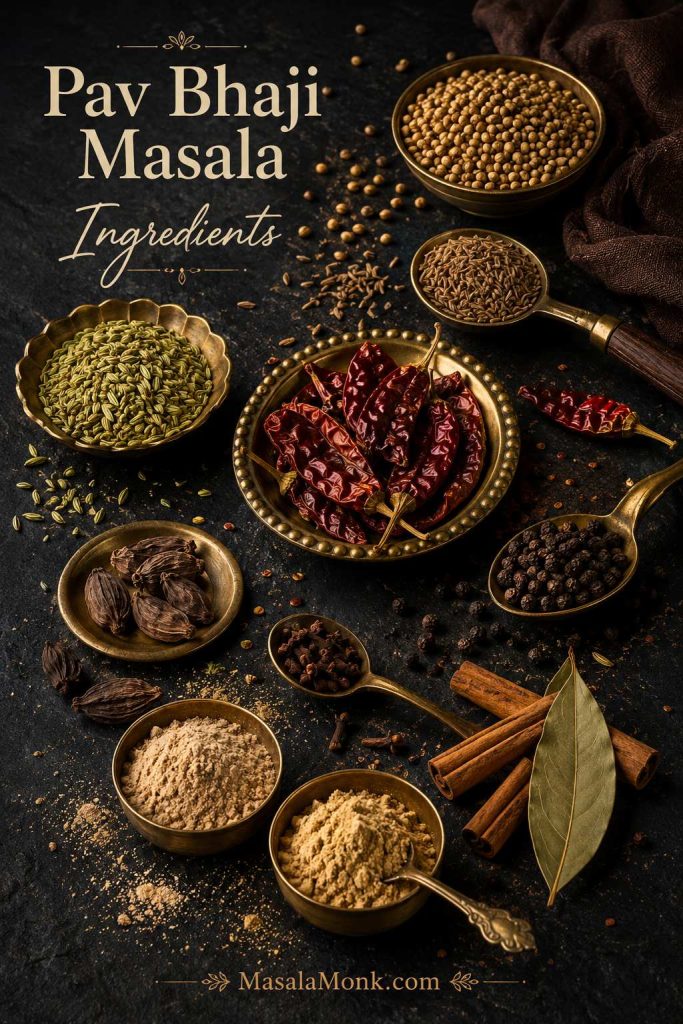 Pav bhaji masala ingredients including coriander seeds, cumin, fennel, Kashmiri chillies, amchur, dry ginger, black cardamom, cloves, cinnamon, and bay leaf.