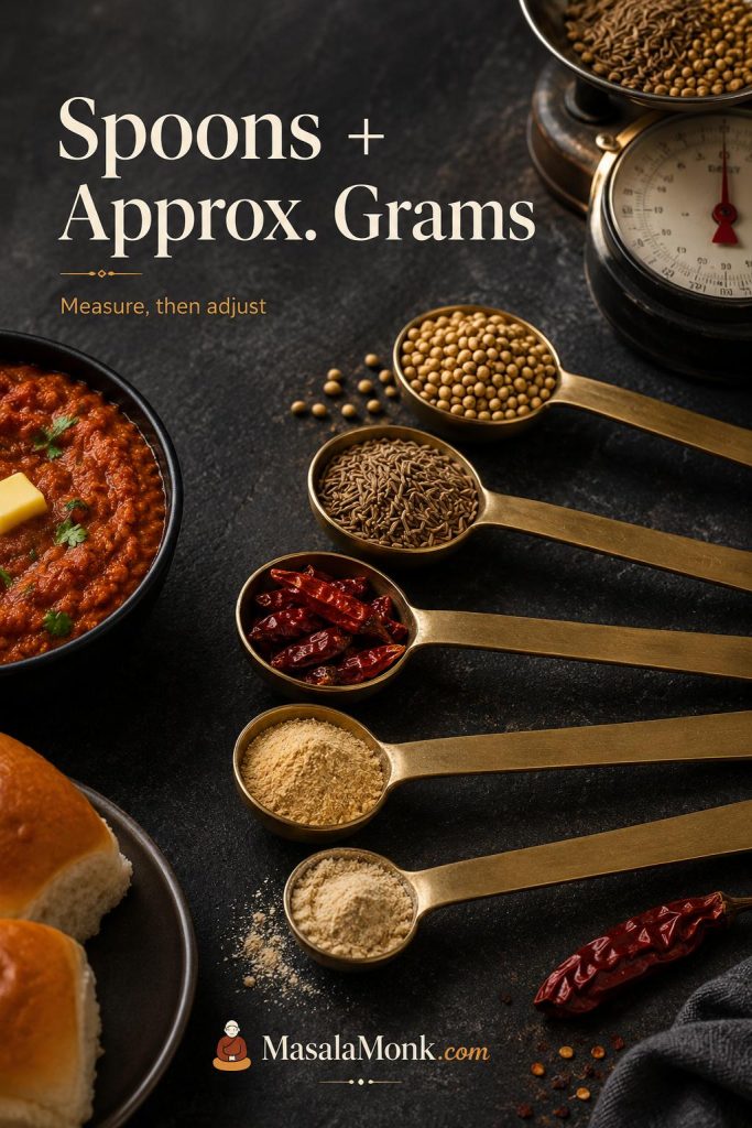 Measuring spoons, kitchen scale, and pav bhaji masala spices arranged to show spoon measures and approximate gram measurement.