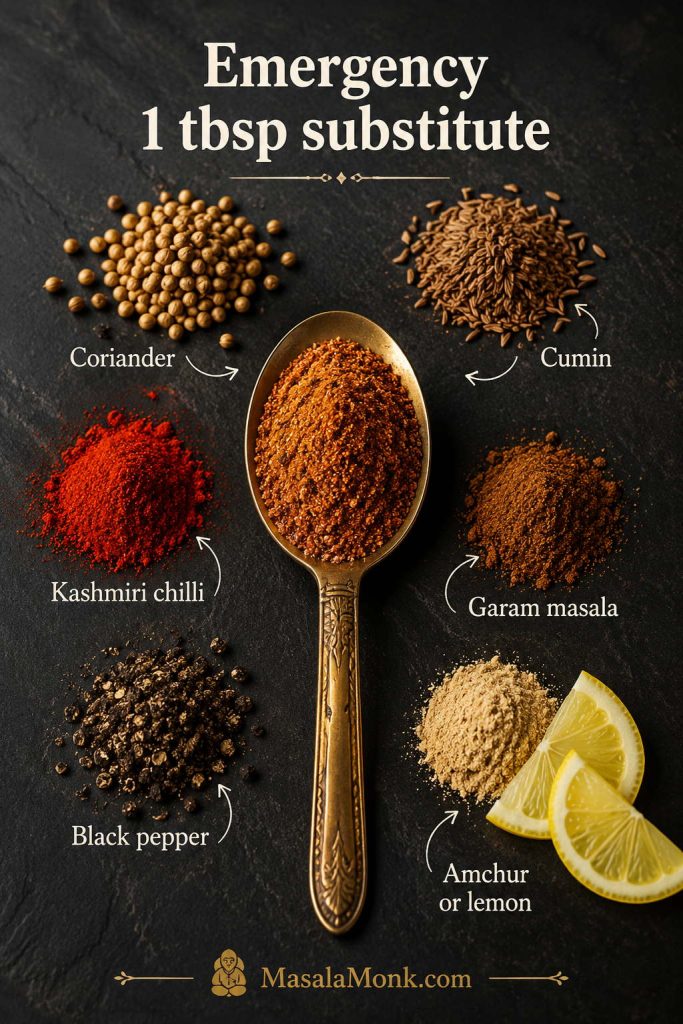 Emergency pav bhaji masala substitute with coriander, cumin, Kashmiri chilli, garam masala, black pepper, and amchur or lemon around a spoon of spice mix.