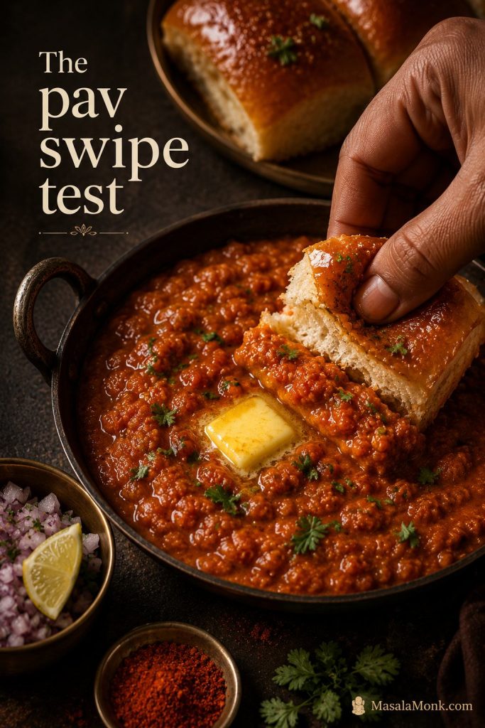 Buttered pav being swiped through glossy red-orange pav bhaji with onion, lemon, coriander, and melted butter.