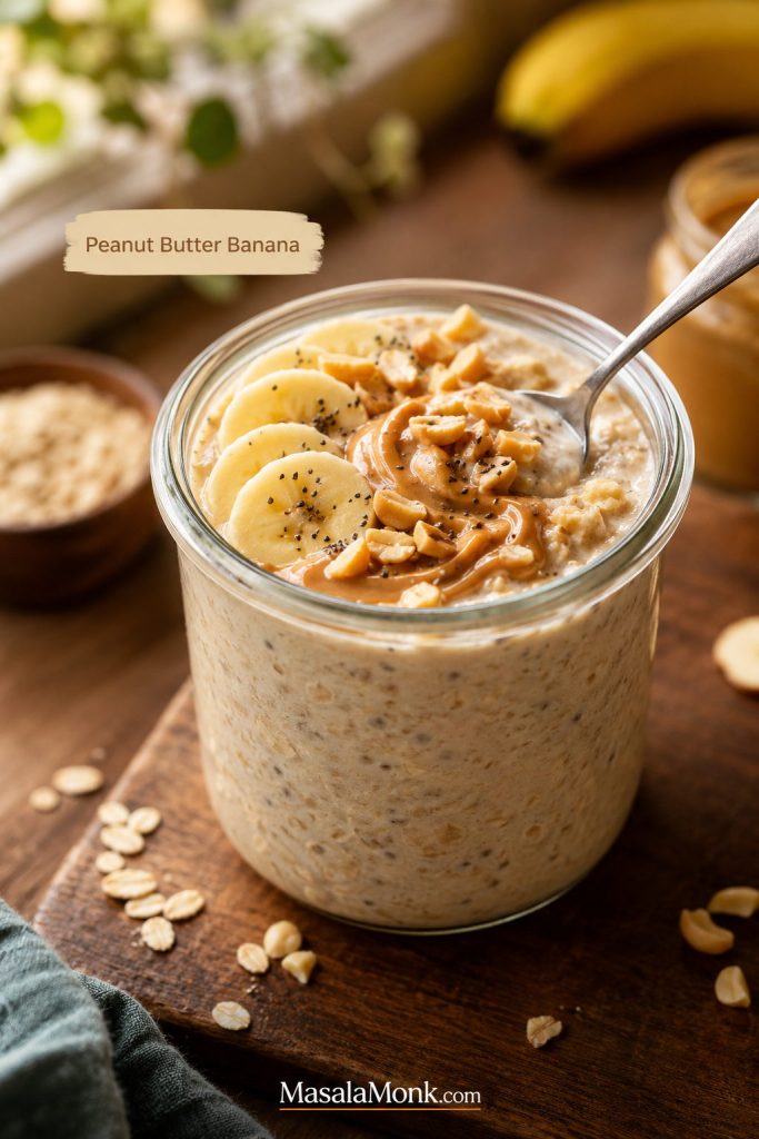 Peanut butter banana overnight oats topped with banana slices, peanut butter, crushed nuts, and chia seeds.